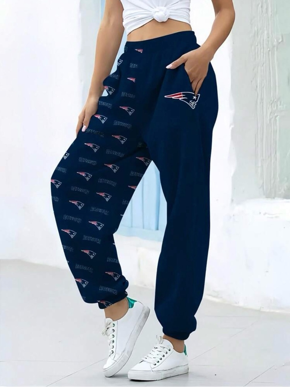 *New* New England Patriots Navy Blue Logo-Print Women's Jogger Pants Sz Large